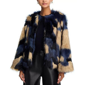NEW, Farm Rio Faux Fur Coat in blue multi size XS #T099